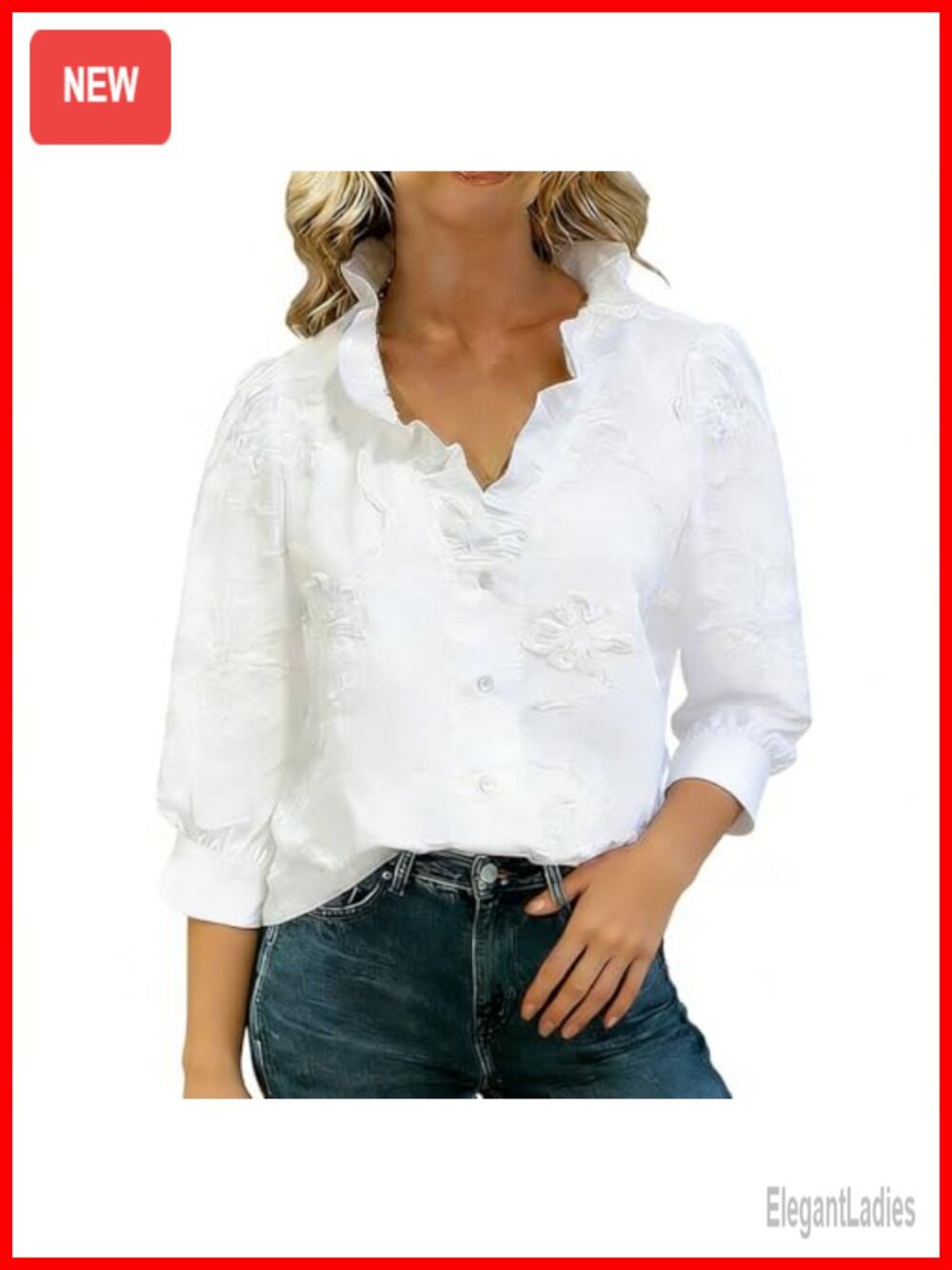 Floral Embroidery Ruffle Collar Blouse 3/4 Puff Sleeve Cotton Button-Down
